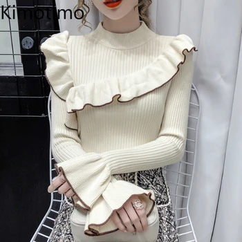 Kimotimo Megztiniai Megztinis 2020 M. Rudenį Storas Megztas Viršūnes Korėjos Flounce Raukiniai Elegantiškas Megztiniai Megztinis Plonas Moterų Drabužiai