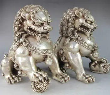 Kinijos senoji Tibeto sidabro raižyti pora kazkoks šuo liūto statula