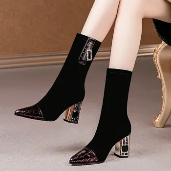 Kojinių batai moterų artimųjų vamzdis rudens ir žiemos naujas mados šou plonas storas vieno nurodė, minkštos odos aukšto kulno elastinga batai
