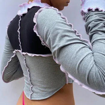 Kontrastas Dygsnio Kratinys Viršuje Rudenį 2020 M Sexy T Marškinėliai Moterims ilgomis Rankovėmis Apkarpyti Viršūnes Mados 2020 Naujas