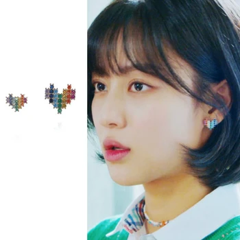 Korėjos Dramos Tikrąjį Grožį Vaivorykštė širdies stud auskarai moterims, 925 sidabras paauglių mergaičių, spalvingas kalnų krištolas mielas lesbiečių auskarai