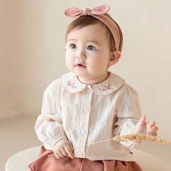 Korėjos Rudens Naujo Stiliaus ilgomis Rankovėmis Vaikų Marškinėliai Išsiuvinėti Lėlės Apykaklės Marškinėliai Kūdikių Trumpas Kailis Baby Girl