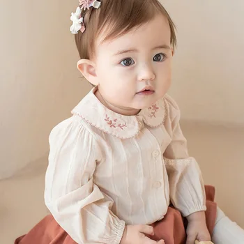 Korėjos Rudens Naujo Stiliaus ilgomis Rankovėmis Vaikų Marškinėliai Išsiuvinėti Lėlės Apykaklės Marškinėliai Kūdikių Trumpas Kailis Baby Girl