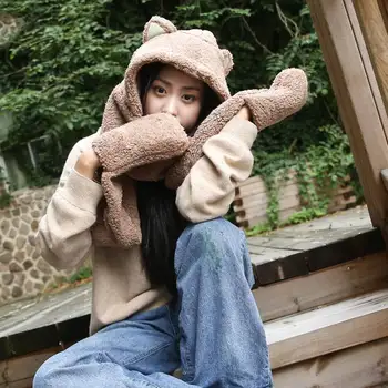Korėjos stiliaus joker puikus ausis turėti skrybėlę ir skara vieną trijų dalių sustorėjimas pliušinis žiemą šiltas šalikas