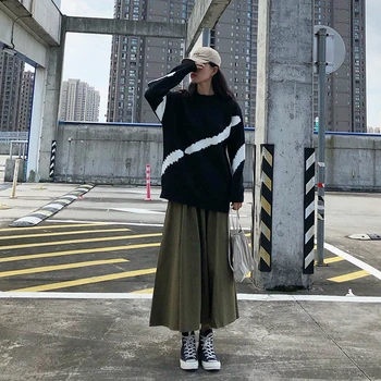 Korėjos stiliaus juoda balta kratinys Megzti Megztinis Moterims Rudenį, Žiemą storas šiltas megztiniai ir puloveriai moterų (F1395)