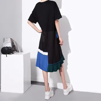 Korėjos Stiliaus Streetwear Vasarą Moteris Juoda Mėlyna Kratinys Suknelė Plisuotos Hem O Kaklo Merginos Mielas Kawaii Midi Atsitiktinis Suknelė Skraiste 1452