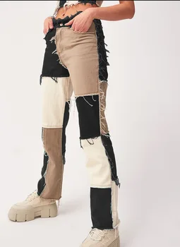 Kratinys Aukštos Juosmens, Tiesios Kojos Kelnės Streetwear Moteriški Džinsai Nuosėdos Spalvos Bloką Kelnės Sexy Ruda Kontrastas Dygsnio Kelnės