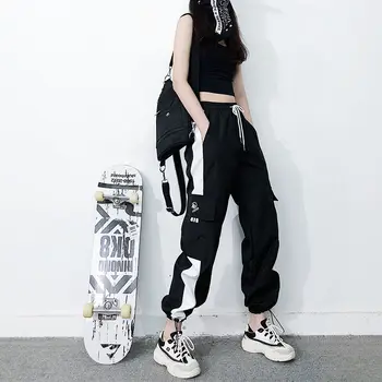 Krovinių Kelnės Moterims Aukšto Juosmens Streetwear Hip-Hop Harajuku Sporto Kelnės Poilsiu Moterų Balta Juoda Kratinys Sweatpants Haremo Kelnės