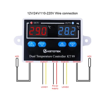 KT99 Dual Skaitmeninis Termostatas, Termometras, Temperatūros Reguliatorius -50~120°C Šildymo Aušinimo 12V 24V 110V, 220V