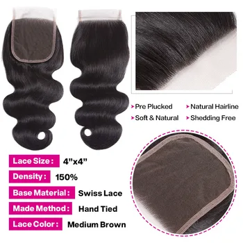 Kūno Bangų Paketų Su Uždarymo Brazilijos Plaukų Pynimas 3 Ryšulius Su 4*4 Nėrinių Uždarymo Remy Human Hair Ryšulius Su Uždarymo