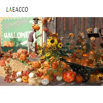 Laeacco Happy Halloween Šventės Rudenį Moliūgų Saulėgrąžos Haystack Sandėlio Šalies Scenos Foto Fone Fotografijos Fonas