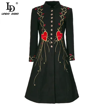 LD LINDA DELLA Dizaineris Rudens Derliaus Marškinėliai stiliaus Suknelė Moterims ilgomis rankovėmis Spalvingas Aukso Siuvinėjimai Mygtuką Linija 