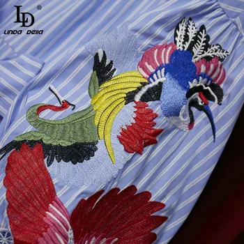 LD LINDA DELLA Pavasario Mados kilimo ir tūpimo Tako Atostogų Midi Suknelė Moterims Spalvingas Lankas Diržo Siuvinėjimo Bohemijos Lady Juostele Mėlyna Suknelė