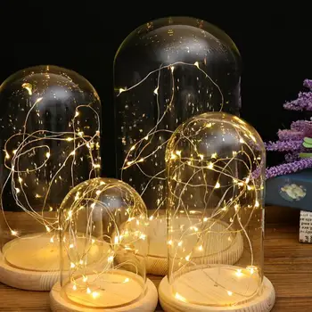 LED Žibintai su baterijomis, Medienos Bazės, skaidraus Stiklo Cloche Dome Stalo Puošimas, Augalų, Gėlių Vaza Konteinerių 