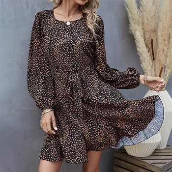 Leopardas Spausdinti Šifono Suknelė Moterims Atsitiktinis Mados, O Kaklo Žibintų Ilgomis Rankovėmis Plius Dydis Suknelė Moterų Varčias Šalis Mini Suknelės