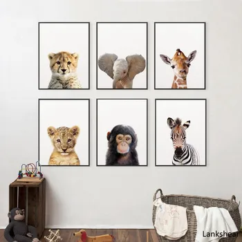 Liūtas Zebra Dramblys Ir Žirafa Kūdikių Gyvūnų Menas Spausdinti Plakato Safari Gyvūnai Nuotrauką Drobė, Tapyba, Vaikų Kambarys Darželio Sienų Dekoras