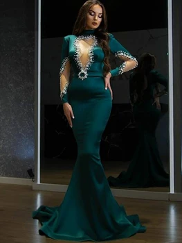 LORIE arabų vakarinę Suknelę 2021 Aukštos Zawalcowany Kaklo ilgomis Rankovėmis Undinė Promenadzie Suknelė Žalia Dubajus Satino Suknelės, Šaliai, suknie wieczorowe