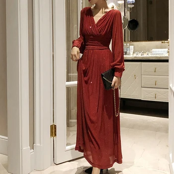 Mados Elegantiškas, Kietas Moterų-line Suknelė Plisuotos Šalies Vestidos 2020 M. Derlius V-neck Slim Aukšto Juosmens Moteris Ilga Suknelė