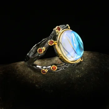 Mados Linija Meno Likvidavimo mėnulio akmuo Dvigubo Sluoksnio Ponios Žiedas Italija Juodojo Aukso Dviejų atspalvių Papuošalai Ponios Žiedas 925 Sidabro Papuošalai