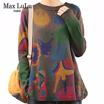 Max LuLu 2020 M. Pavasarį Korėjos Dizaineris Ponios Prarasti Knitwears Moterų Atsitiktinis Spausdinti Megztiniai Derliaus Puloveriai Plius Dydis