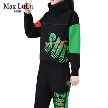 Max LuLu Naujų 2020 M. Žiemos Korėjos Mados Moterų Atsitiktinis Dviejų Dalių Rinkiniai Ponios Punk Spausdinti Kostiumai, Šilti Kailiniai Golfo Viršūnės Ir Kelnės
