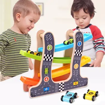 Medinių Bėgių Automobilių Žaislas Motoroleris Konkurencijos Multi-layer Skaidrių Lizdas Kelio Žaidimas Vaikams, Kad Dizainas Atgal Rampos Lenktynių Žaidimas Žaislas