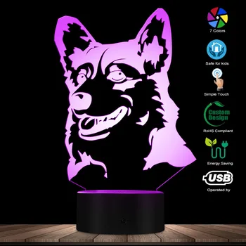 Megztinis Welsh Corgi Šuns Veislė 3D Optinė iliuzija Šviesos Gyvūnų Augintinių Skalikas Mažylis Moderni Naujovė Stalo Lempa Dekoro LED Šviesos Naktį