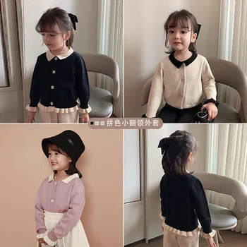 Merginos 2020 m. rudenį naujų mados megztinis kailis vaikų paprasta spalvų kontrastas megzti striukė