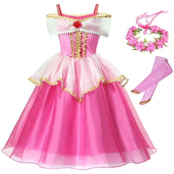 Merginos Princesė Šalies Aurore Suknelė Cosplay Miegančioji Gražuolė Kostiumas Vaikams Rožinės Spalvos Blizgučiais Helovinas Suknelės Išgalvotas Drabužiai Vaikams
