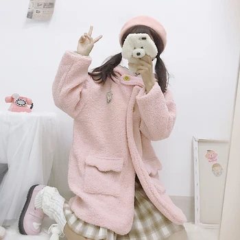 Mielas Kawaii Lolita Kailis Mergina 2020 M. Žiemos Naujas Šiltas Japonijos Saldus Ėriukų Vilnos, Medvilnės Teddy Paltas Moterims Rausva Balta Jk Striukė Mielas