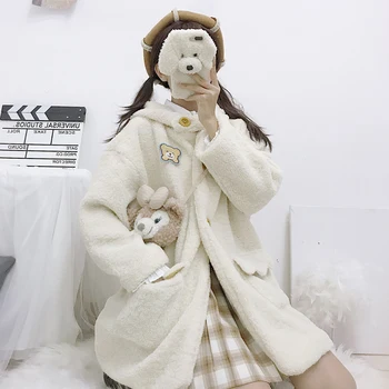 Mielas Kawaii Lolita Kailis Mergina 2020 M. Žiemos Naujas Šiltas Japonijos Saldus Ėriukų Vilnos, Medvilnės Teddy Paltas Moterims Rausva Balta Jk Striukė Mielas