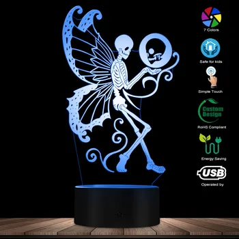 Mirusiųjų Kaukolės Pasakų 3D LED Naktį Lempos Gotikos Skeletas Drugelis Drugelis Apšvietimas, Dekoro Stalo Lempa Su Spalva Keičiasi Poveikio USB Šviesos