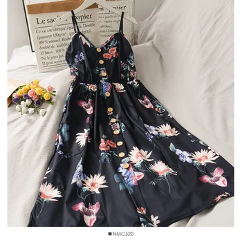 Moteris Suknelė Spageti Dirželis Aukštos Juosmens Gėlių Spausdinti Slim Vestidos Tendencija 2020 Metų Vasaros Office Elegantiškas A-line Dresses