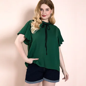 Moteris vasarą plius dydis viršūnes moterų palaidinė didelis trumpomis rankovėmis elegantiškas atsitiktinis palaidų bowknot O kaklo marškinėliai, žalia 4XL 5XL 6XL 7XL