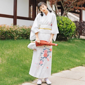 Moteriški Kimono Skraiste Tradicinis Japonijos Yukata baltos Spalvos gėlių Spaudinių Vasaros Suknelė Atlikti Dėvėti Cosplay Apranga