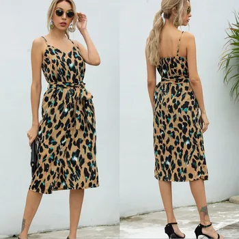 Moteriški Leopard Spageti Dirželis Suknelė Ponios Atsitiktinis Spausdinti Strappy Paplūdimio Rudens Dress Lady V-Kaklo Atostogų Šalis Suknelė
