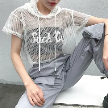 Moteriški Tuščiaviduriai Akies T-Shirt Sexy Žvejybos Tinklas Trumpas Rankovėmis Tee Viršūnes Moterų Skaidrus Atsitiktinis Palaidų Naujas Clubwear Apkarpyti Viršūnes