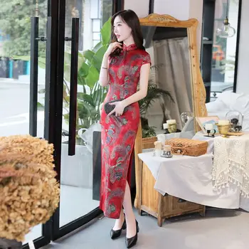 Moterys Rytų Lady Pokylių Trumpas Rankovės Qipao Tradicinės Kinų Vestuvių Suknelės, Elegantiškas Klasikinis Plonas Ilgas Cheongsam