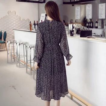 Moterų atspausdintas šifono plisuotos suknelė 2020 m. rudenį, žiemą moteris elegantiška vintage ilgomis rankovėmis dviejų sluoksnių atsitiktinis palaidų suknelės