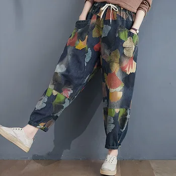 Moterų Aukšto Juosmens Džinsai Naują Atvykimo 2020 M. Rudenį Streetwear Derliaus Gėlių Spausdinti Prarasti Moterų Atsitiktinis Džinsai Haremo Kelnės S1845