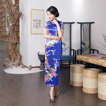 Moterų Kinijos Trumpas Rankovės Povas Išilginio Hem Cheongsam Pokylių Midi Suknelė