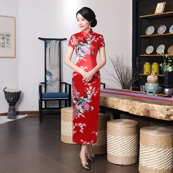 Moterų Kinijos Trumpas Rankovės Povas Išilginio Hem Cheongsam Pokylių Midi Suknelė
