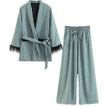 Moterų kostiumai 2020 Naują Atvykimo Mėlyna Spausdinti Kimono Švarkas su Plunksna Rankovėmis, Platus Kojos kelnės dviejų dalių Vintage Drabužiai, Kostiumai