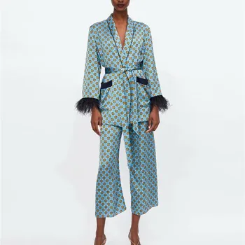 Moterų kostiumai 2020 Naują Atvykimo Mėlyna Spausdinti Kimono Švarkas su Plunksna Rankovėmis, Platus Kojos kelnės dviejų dalių Vintage Drabužiai, Kostiumai