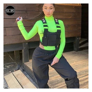 Moterų Krūtinės Įrenginys Maišelį Neoninė Žalia Funkcinės Taktinis Diržas Pack Multi-pocket Vest Hip-Hop Streetwear Reguliuojamas Unisex Atspindi