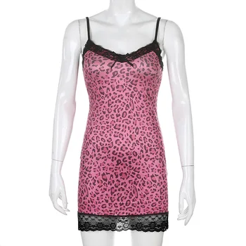 Moterų Leopardas Spausdinti Sexy V Kaklo Diržas Trumpą Suknelę Lady Nėrinių Išsamiai Rankovių Mini Suknelė Mergaitėms Clubwear Naktiniai Drabužiai