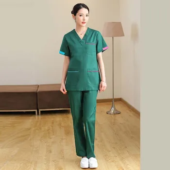 Moterų Mados Šveitimas Nustatyti Medicininių Uniformų Spalvų Blokavimo V Kaklo Šveitimas Viršuje su Šoniniai Vent + Kelnės Grynos Medvilnės Chirurgija darbo drabužiai