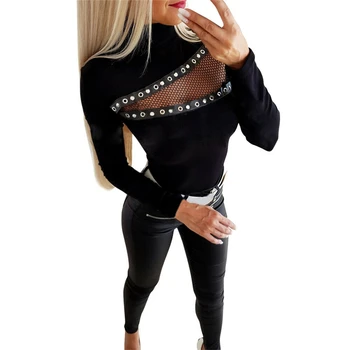 Moterų Marškinėliai Rudenį Long Sleeve Black Top Puloveris Įgulos Kaklo Megztinis Punk Jersey Sexy Žvejybos Tinklas Šalis Clubwear Derliaus Palaidinukės
