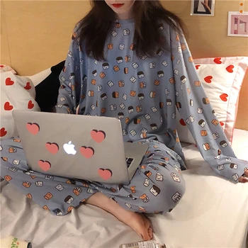 Moterų Pižama Moterų Namų Drabužių Raidžių Spausdinti ilgomis Rankovėmis Sleepwear naktiniai drabužiai Nustatytas Didelis Dydis Viršūnes + Kelnės Pajama Pyjama Femme