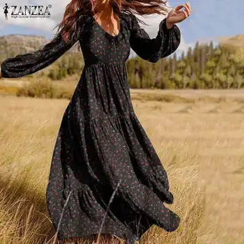 Moterų Rudenį Sundress ZANZEA 2021 Mados Pynimas Maxi Suknelė Gėlių Spausdinti Skraiste Atsitiktinis Sluoksniuotos Rankovėmis Tunika Plus Size Vestidos 5XL